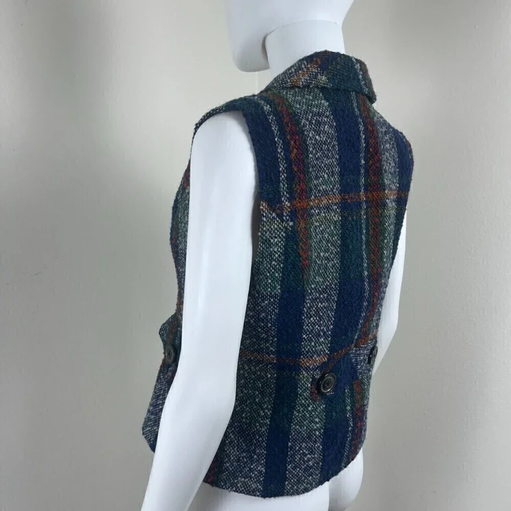 Cabi Size S Wool Plaid Double Breasted Sleeveless Vest Sweater Holiday Party